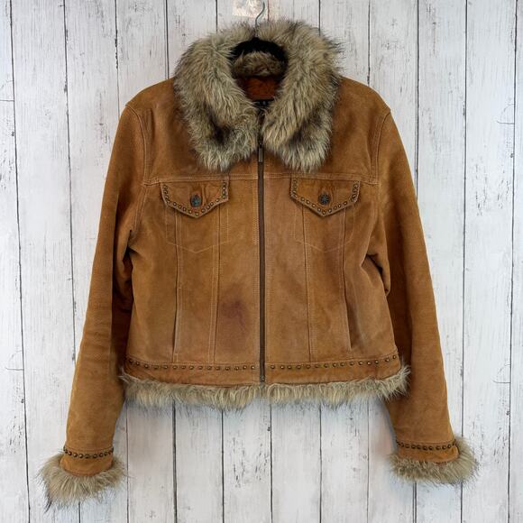 VTG Giacca Tan Suede Leather Faux Fur Studded Full Zip Jacket Y2K Size Large - Picture 1 of 15